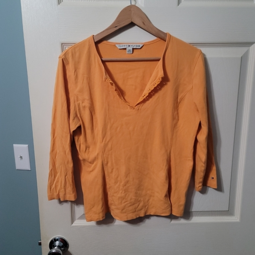 Tommy Hilfiger Womens T-shirt Orange VNeck Long Sleeve - Size L
